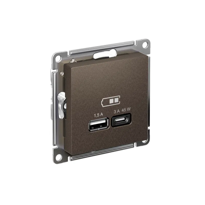 Розетка USB AtlasDesign тип A+C 45Вт QC PD высокоскор. ЗУ механизм мокко SE ATN000629 Systeme Electric