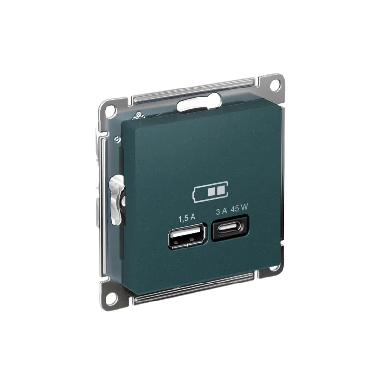 Розетка USB AtlasDesign тип A+C 45Вт QC PD высокоскор. ЗУ механизм изумруд SE ATN000829 Systeme Electric