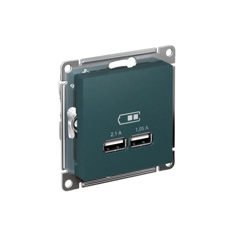 ATLASDESIGN USB РОЗЕТКА A+A, 5В/2,1 А, 2х5В/1,05 А, механизм, ИЗУМРУД