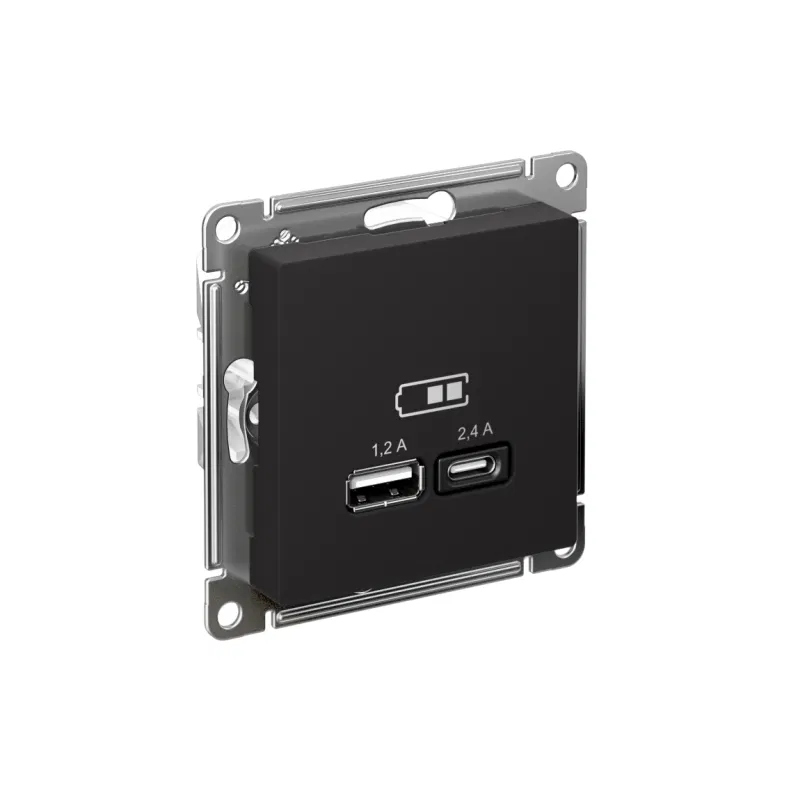 Розетка USB AtlasDesign тип A+C 5В/2.4А 2х5В/1.2А механизм карбон SE ATN001039 Systeme Electric