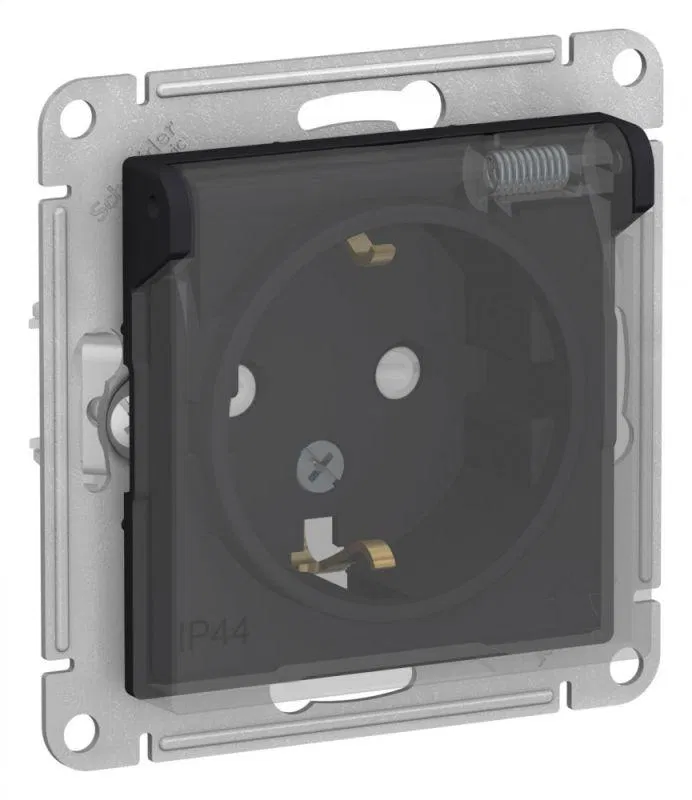 Розетка 1-м СП AtlasDesign Aqua 16А IP44 с заземл. защ. шторки с прозр. крышкой механизм карбон SE ATN441046 Systeme Electric