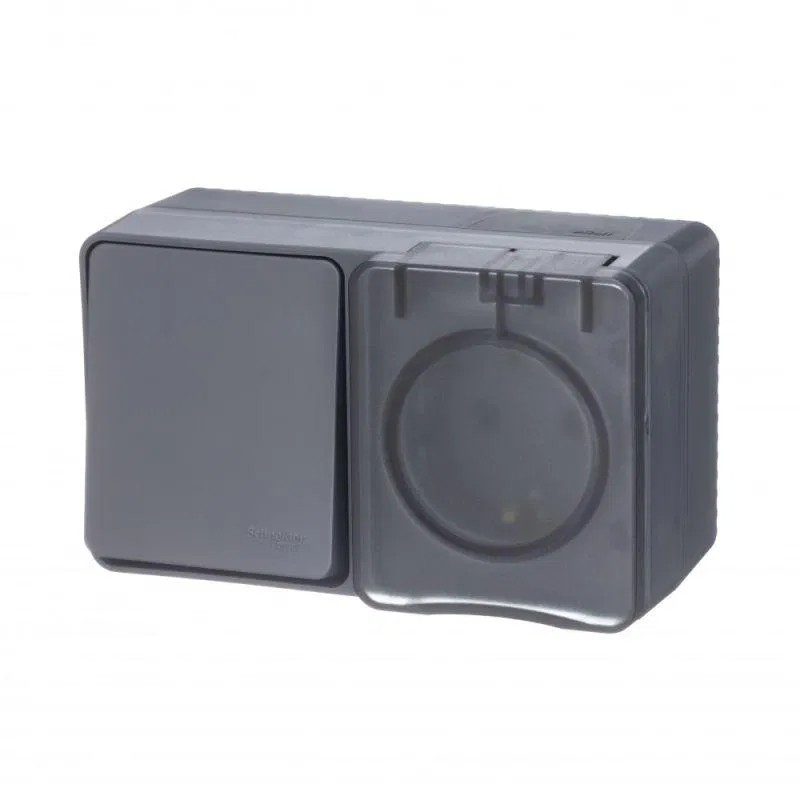 Блок ОП AtlasDesign PROFI IP54 (розетка 1-м 16А заземл. защ. шторки + 1-кл. выключатель 10А) антрацит SE ATN544070 Systeme Electric
