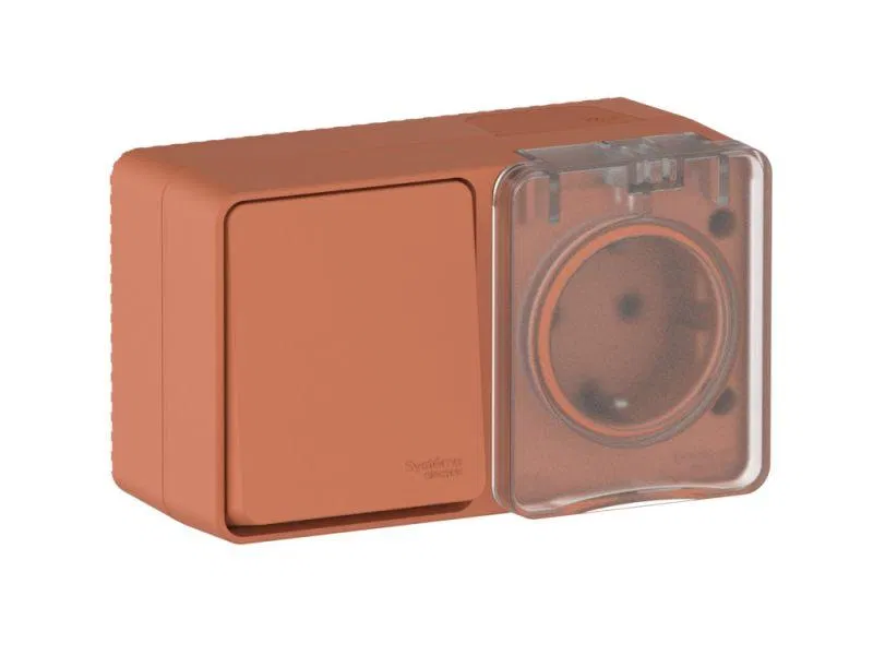 Блок ОП AtlasDesign PROFI IP54 (розетка 1-м 16А заземл. защ. шторки + 1-кл. выключатель 10А) терракот. SE ATN547070 Systeme Electric