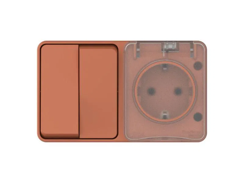 Блок ОП AtlasDesign PROFI IP54 (розетка 1-м 16А заземл. защ. шторки + 2-кл. выключатель 10А) терракот. SE ATN547074 Systeme Electric