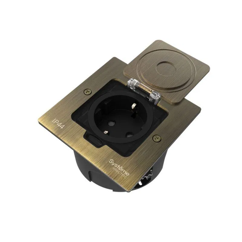 Лючок MultiDesk MDK21 с розеткой 2P+E 16А 250В IP44 с монтажной коробкой для стены фальшпола стола античная латунь SE MDK21102BA Systeme Electric