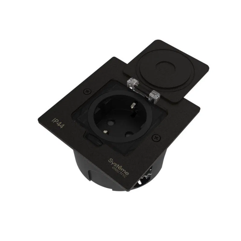 Лючок MultiDesk MDK21 с розеткой 2P+E 16А 250В IP44 с монтажной коробкой для стены фальшпола стола черн. матов. SE MDK21102MBA Systeme Electric