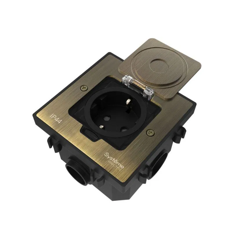 Лючок MultiDesk MDK21 с розеткой 2P+E 16А 250В IP44 с монтажной коробкой для бетонных полов античная латунь SE MDK21202BC Systeme Electric