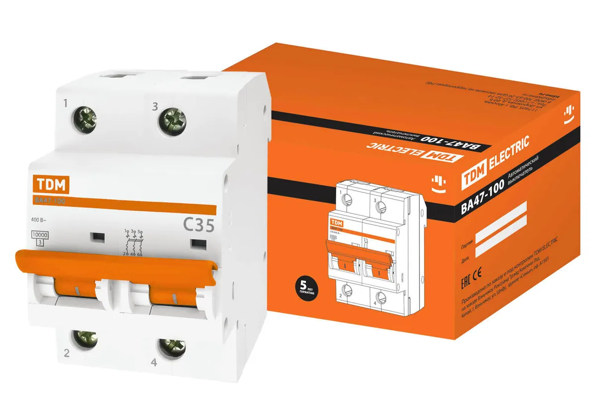 Авт. выкл. ВА47-100 2Р 35А 10кА  х-ка С TDM SQ0207-0061