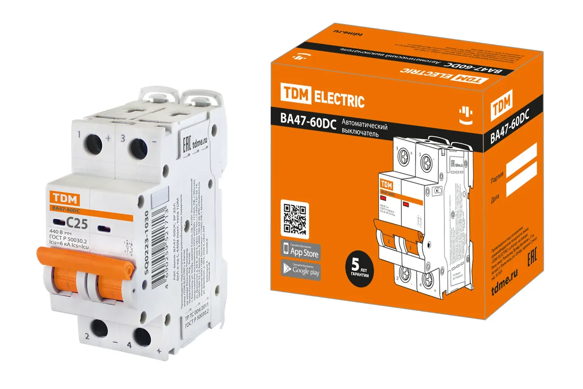 Авт. выкл.ВА47-60DC 2P 25А 6кА х-ка С TDM SQ0223-1030