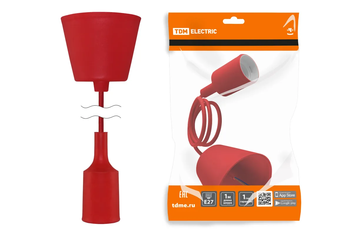 Plastic socket E27 with 1 m suspension, red TDM SQ0335-0063