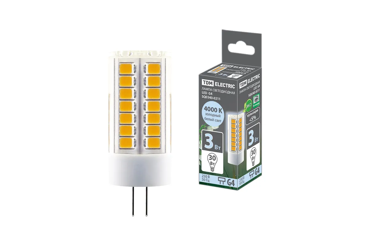 Лампа светодиодная G4-3 Вт-230 В-4000 К, SMD, 16x43 мм TDM SQ0340-0211