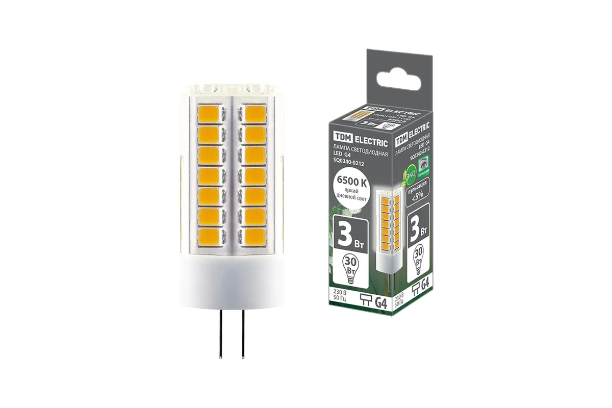 Лампа светодиодная G4-3 Вт-230 В-6500 К, SMD, 16x43 мм TDM SQ0340-0212