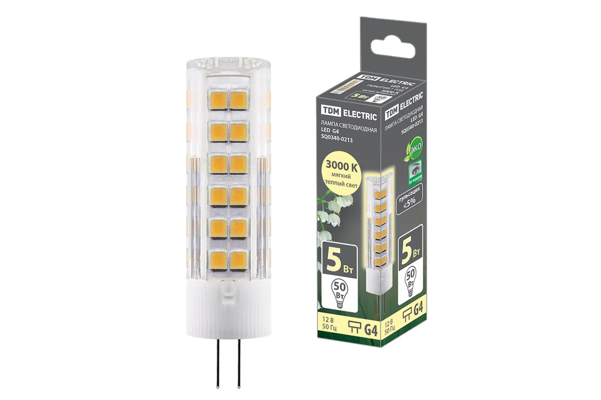 Лампа светодиодная G4-5 Вт-AC/DC 12 В-3000 К, SMD, 16x57 мм TDM SQ0340-0213