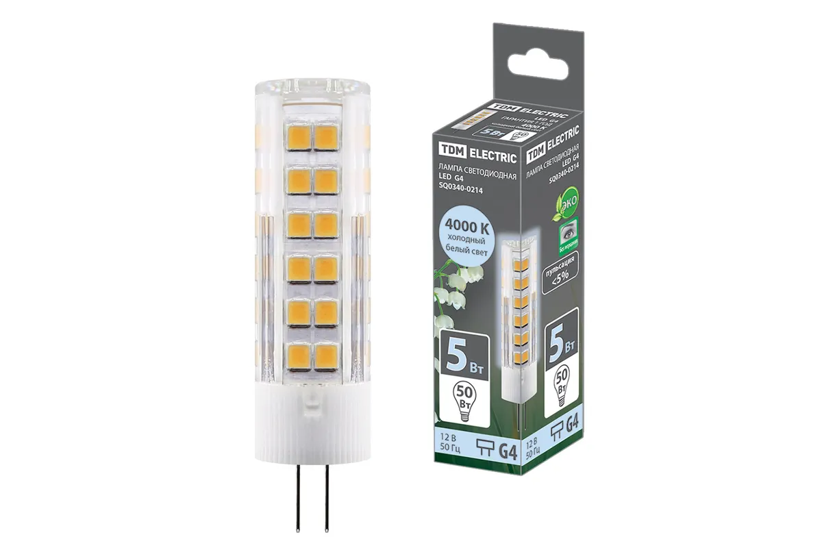 Лампа светодиодная G4-5 Вт-AC/DC 12 В-4000 К, SMD, 16x57 мм TDM SQ0340-0214