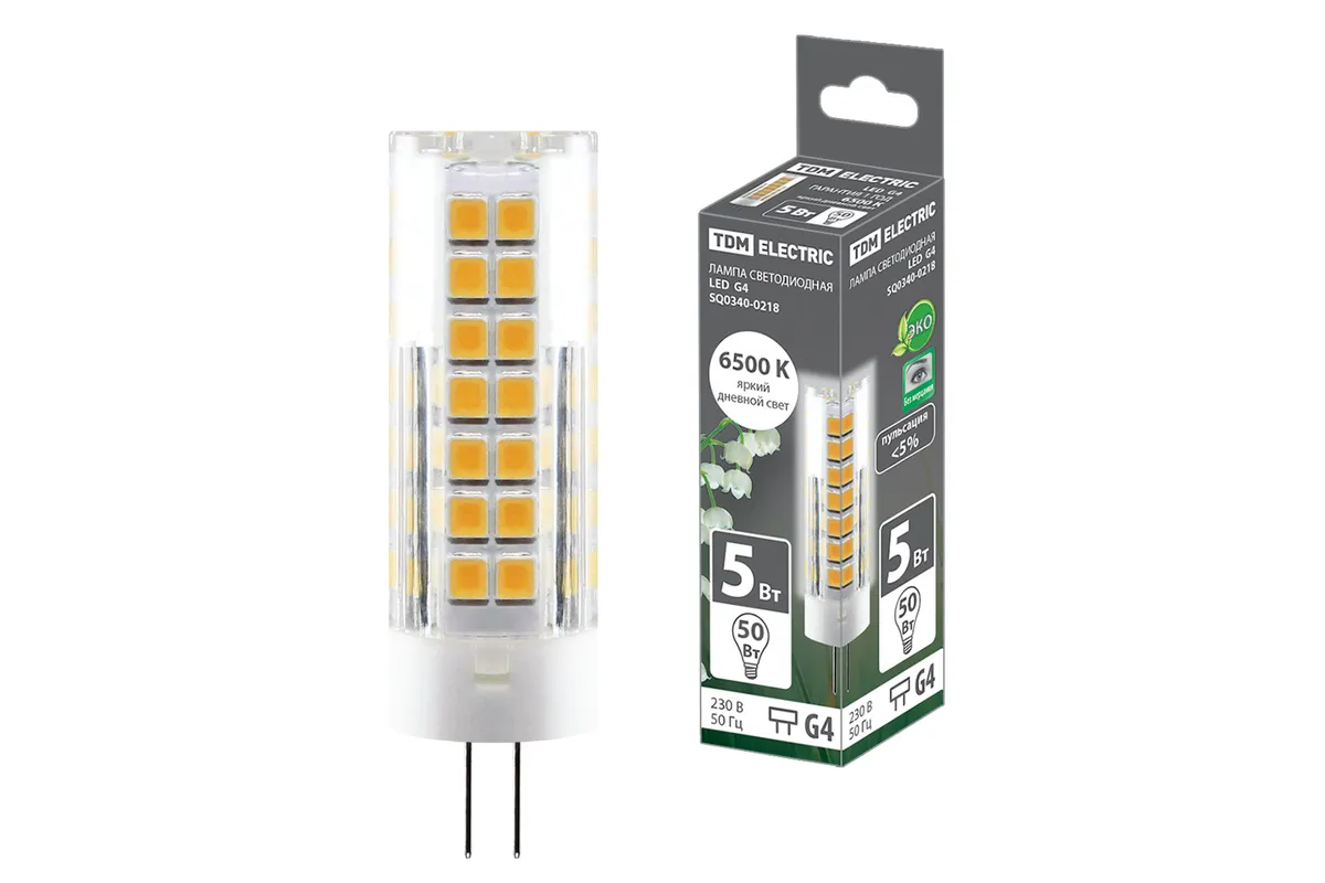 Лампа светодиодная G4-5 Вт-230 В-6500 К, SMD, 16x55 мм TDM SQ0340-0218