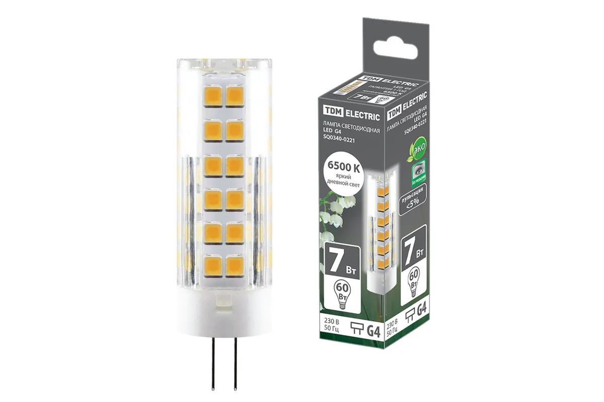 Лампа светодиодная G4-7 Вт-230 В-6500 К, SMD, 18,5x57 мм TDM SQ0340-0221