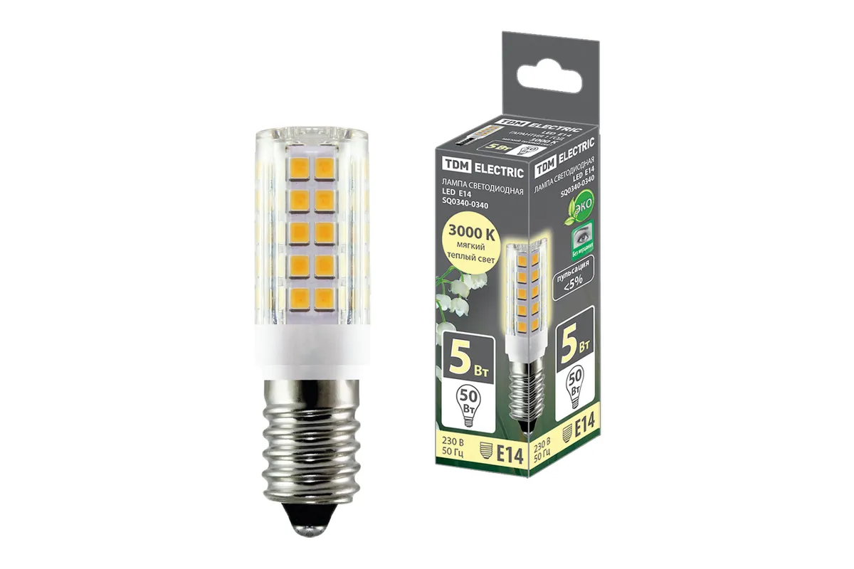 Лампа светодиодная Е14-5 Вт-230 В-3000 К, SMD, 16x54 мм TDM SQ0340-0340