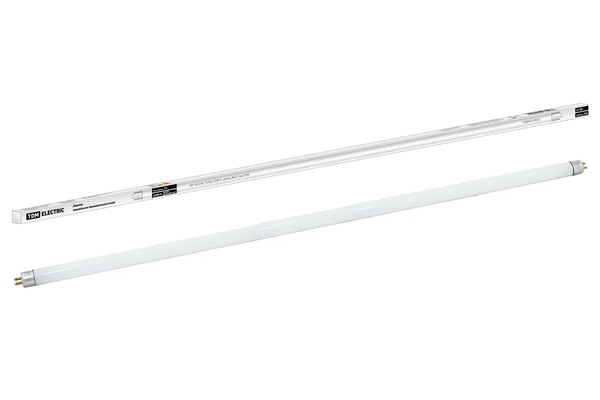 Лампа люминесцентная линейная двухцокольная ЛЛ-16/21Вт, T5/G5, 6500 К, длина 863,2мм TDM SQ0355-0022