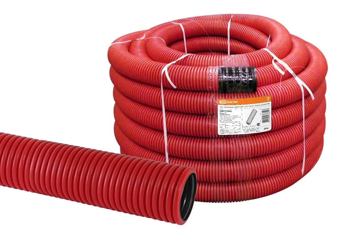 Труба гофрированная двустенная ПНД d 63 с зондом (50 м/уп.) красная TDM SQ0413-5063