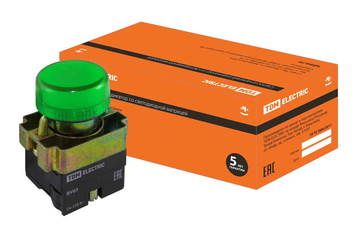Лампа сигнальная SB2-BV63 с подсветкой 230 В LED, d22 мм, зеленый, IP40 TDM SQ0702-0045