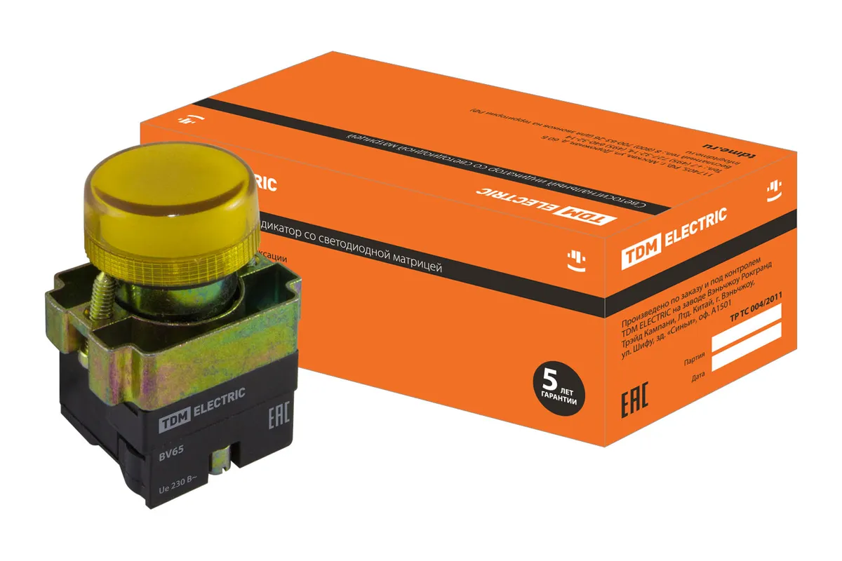 Лампа сигнальная SB2-BV65 с подсветкой 230 В LED, d22 мм, желтый, IP40 TDM SQ0702-0047