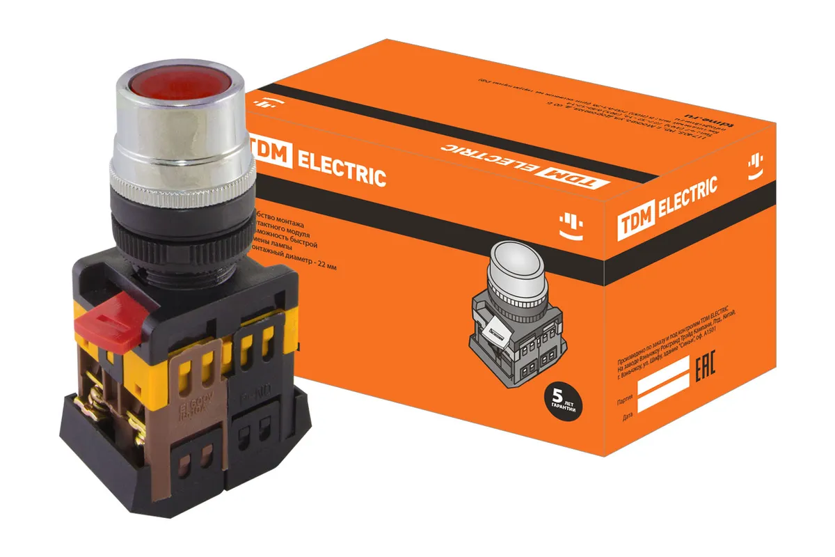 Кнопка ABLF-22 красный d22мм неон/230В 1з+1р TDM SQ0704-0001