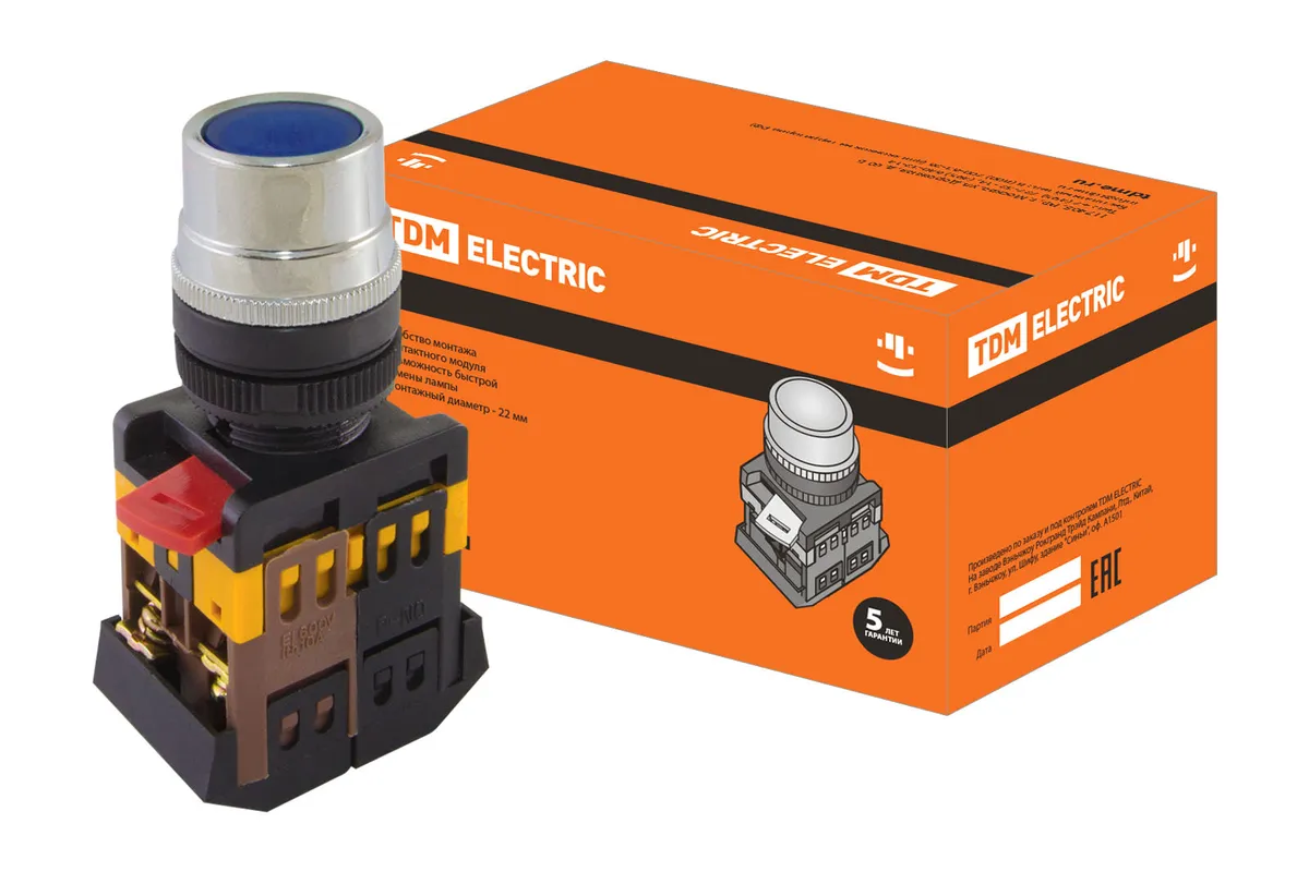 Кнопка ABLF-22 синий d22мм неон/230В1з+1р TDM SQ0704-0004