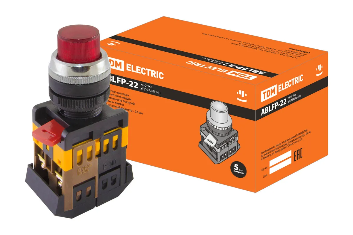 Кнопка ABLFP-22 красный d22мм неон/230В 1з+1р TDM SQ0704-0005