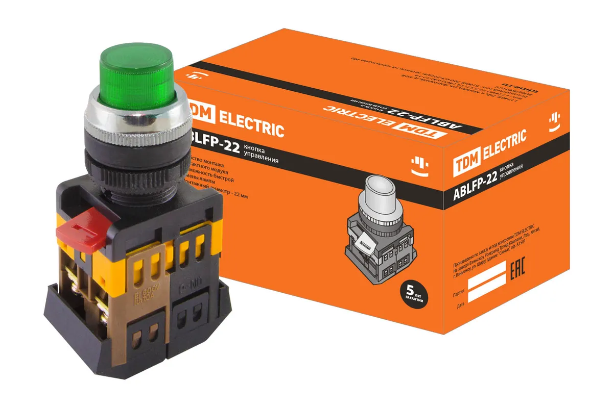 Кнопка ABLFP-22 зеленый d22мм неон/230В 1з+1р TDM SQ0704-0006