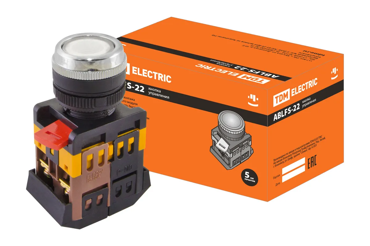 Кнопка ABLFS-22 белый d22мм неон/230В 1з+1р TDM SQ0704-0012