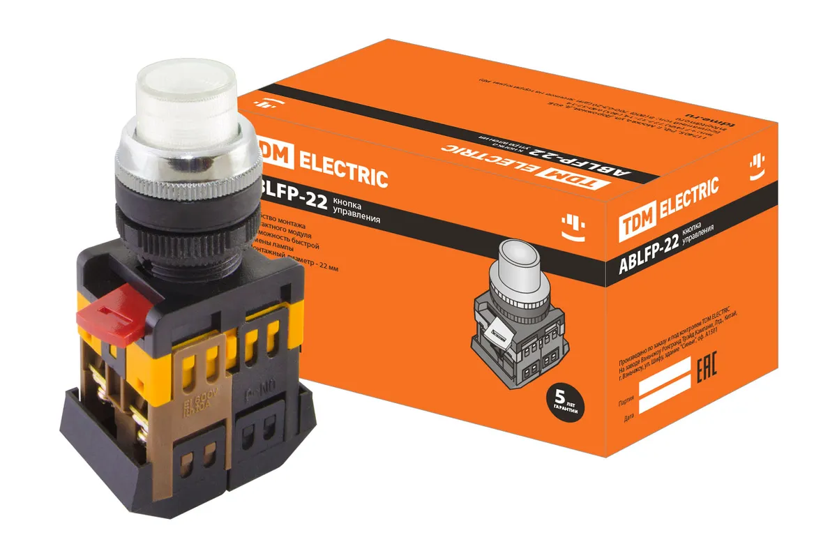 Кнопка ABLFP-22 белый d22мм неон/230В 1з+1р TDM SQ0704-0030