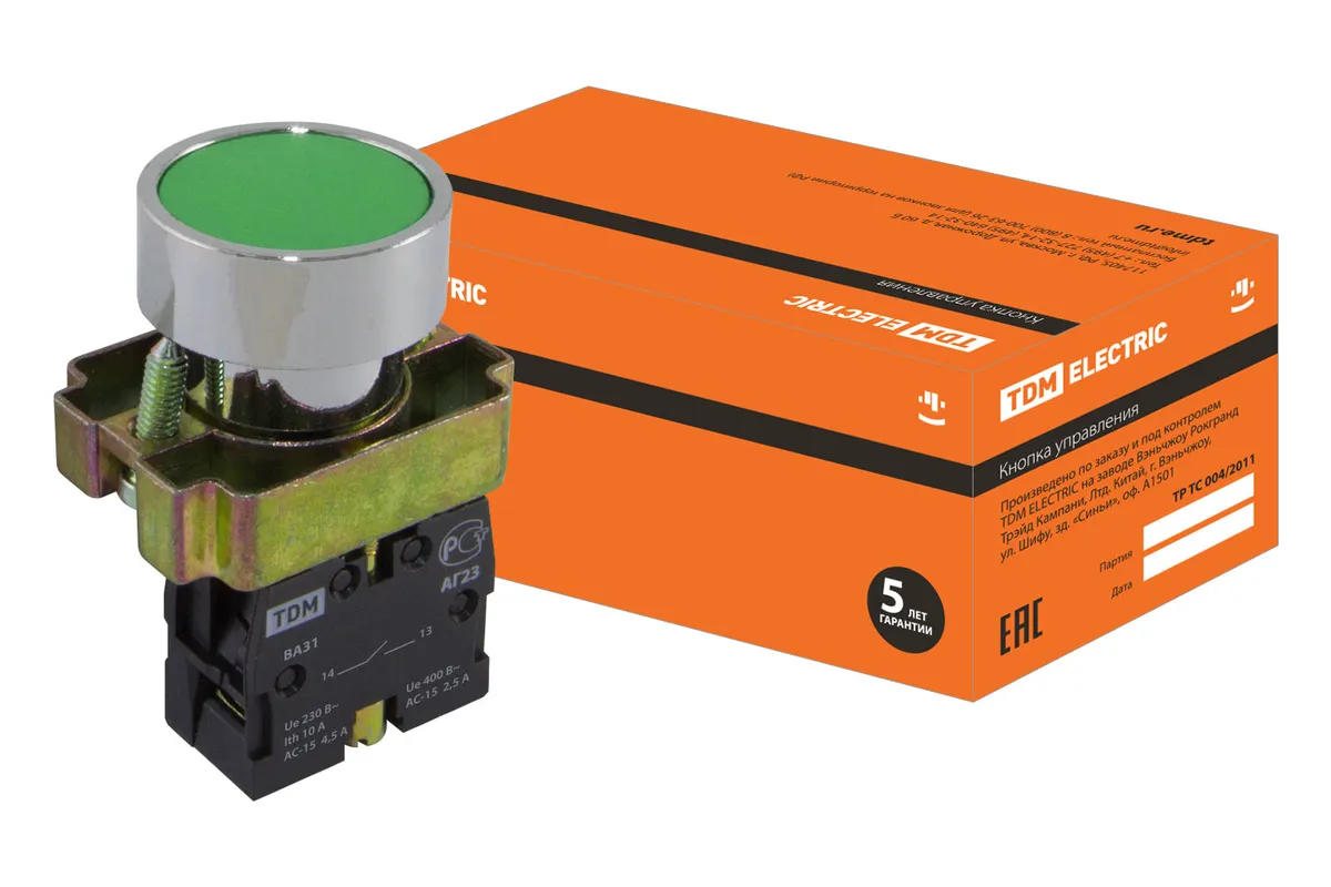 Кнопка SB2-BА31 с возвратом, 1НО, d22 мм, зеленая, IP40 TDM SQ0704-0038
