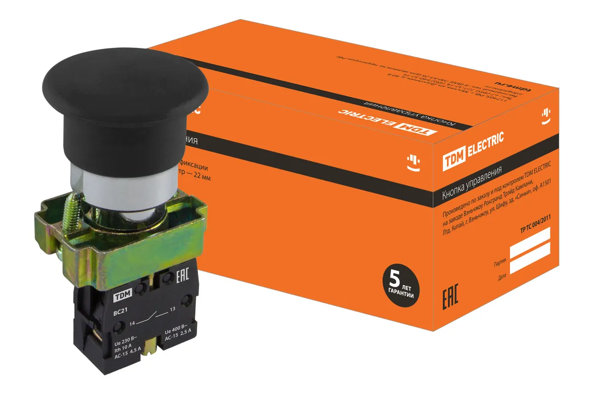 Кнопка грибовидная SB2-BС21 с возвратом, 1НО, d22 мм, черная, IP40 TDM SQ0704-0042