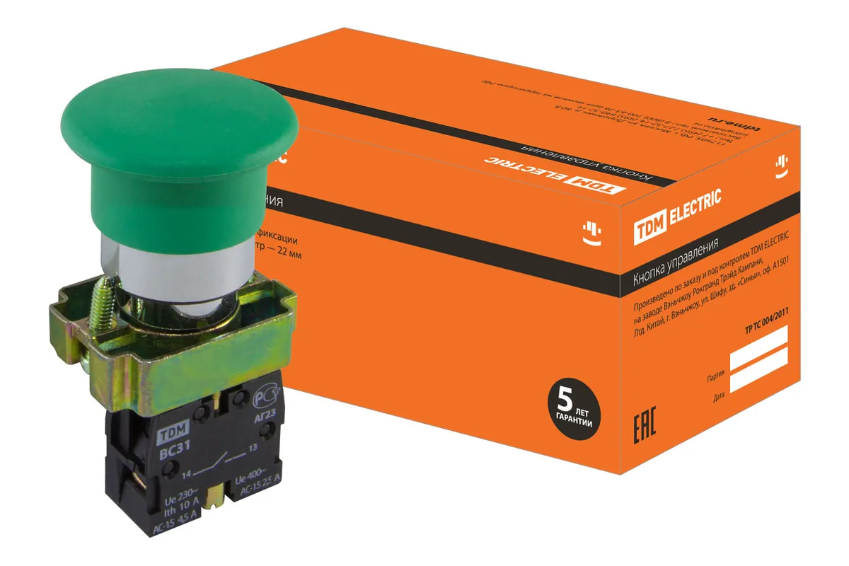 Кнопка грибовидная SB2-BС31 с возвратом, 1НО, d22 мм, зеленая, IP40 TDM SQ0704-0043