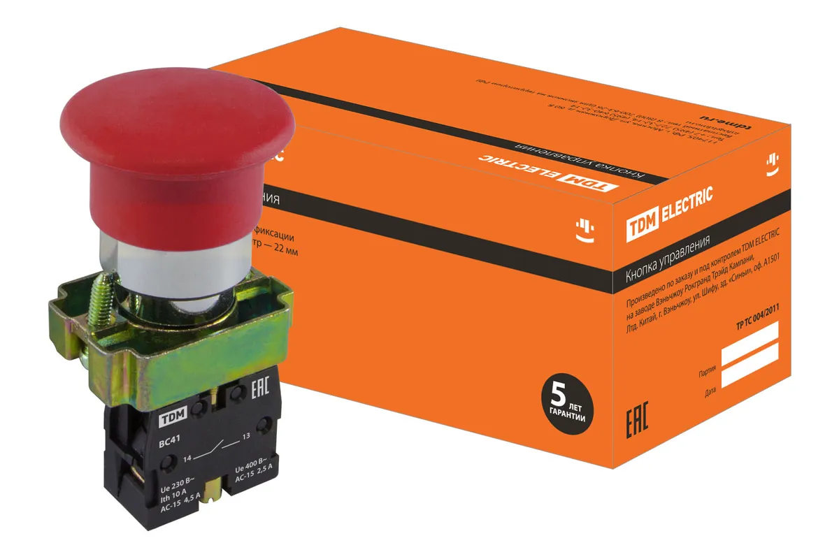 Кнопка грибовидная SB2-BС41 с возвратом, 1НО, d22 мм, красная, IP40 TDM SQ0704-0044