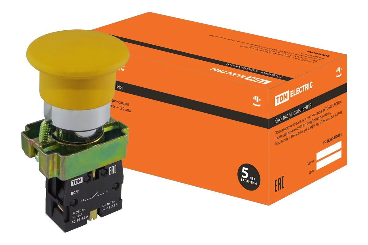 Кнопка грибовидная SB2-BС51 с возвратом, 1НО, d22 мм, желтая, IP40 TDM SQ0704-0045