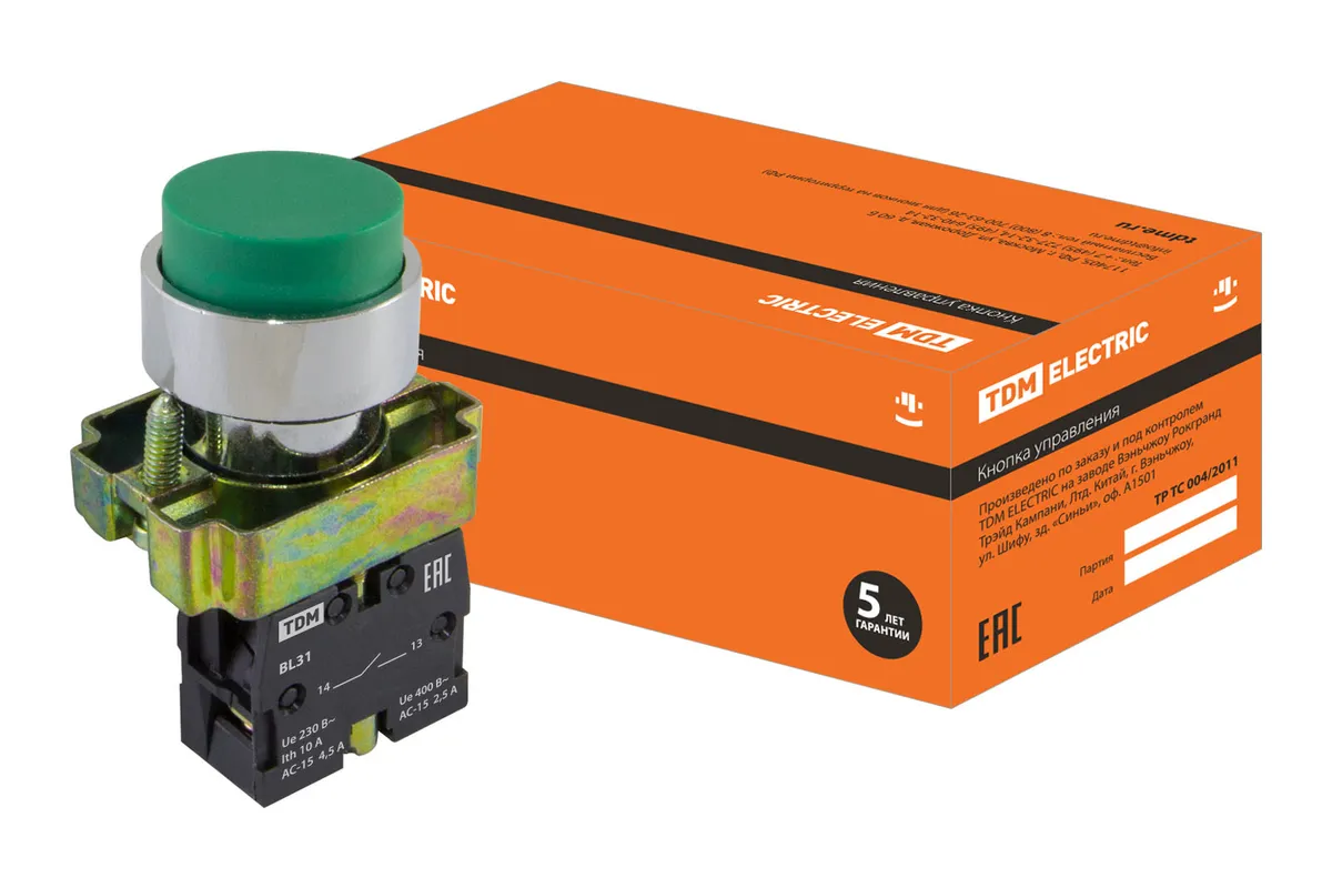 Кнопка SB2-BL31 с возвратом, 1НО, d22 мм, зеленая, IP40 TDM SQ0704-0048