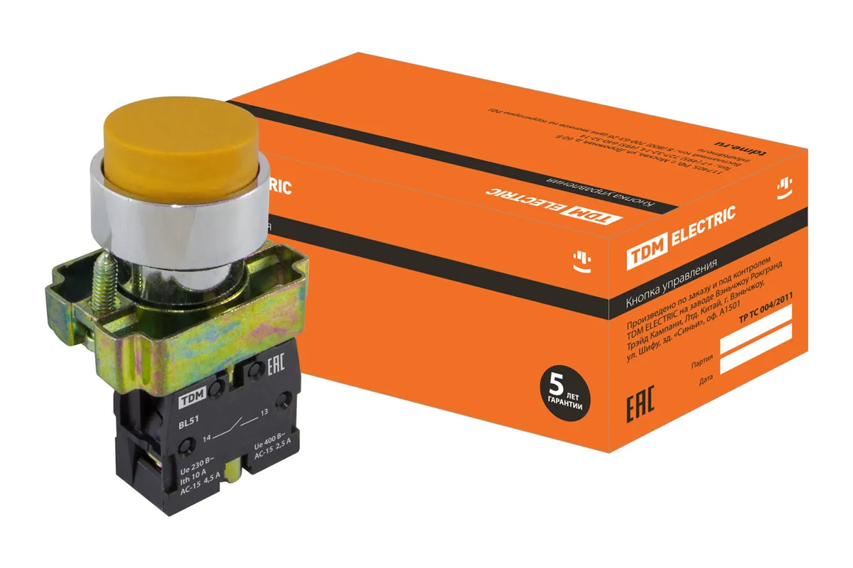 Кнопка SB2-BL51 с возвратом, 1НО, d22 мм, желтая, IP40 TDM SQ0704-0050
