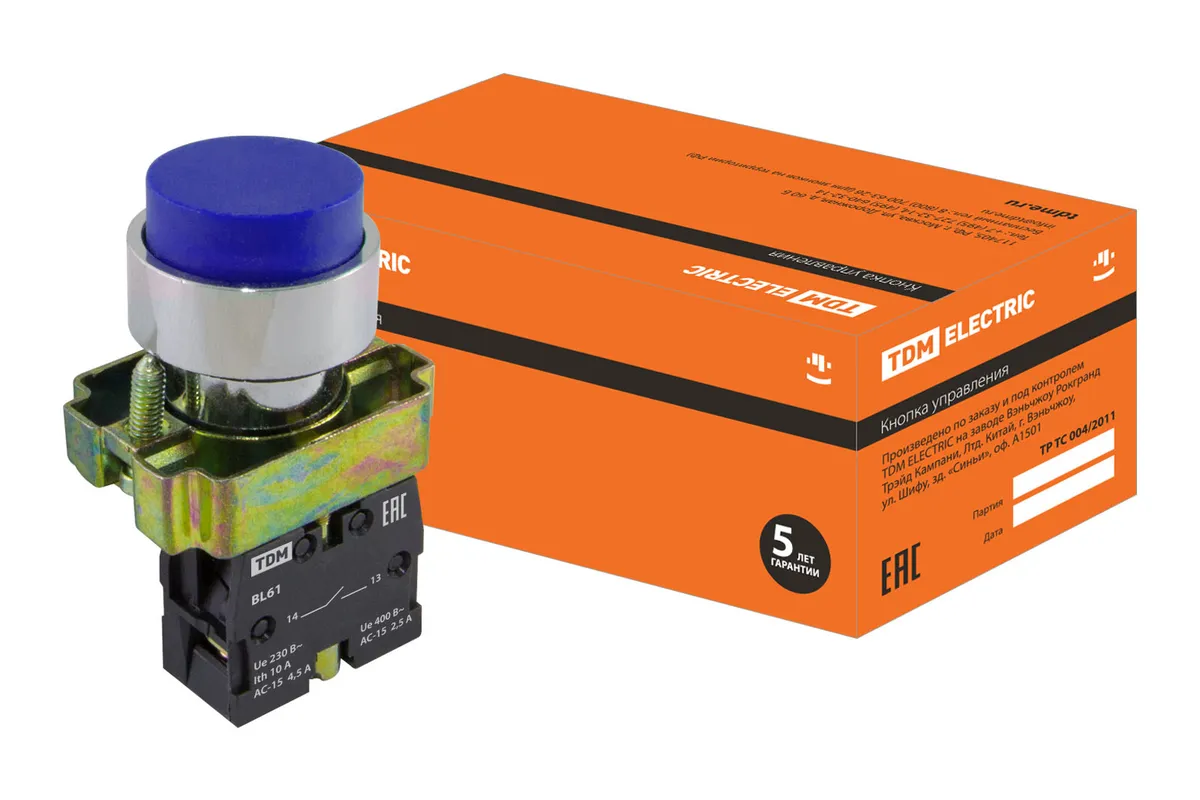 Кнопка SB2-BL61 с возвратом, 1НО, d22 мм, синяя, IP40 TDM SQ0704-0051
