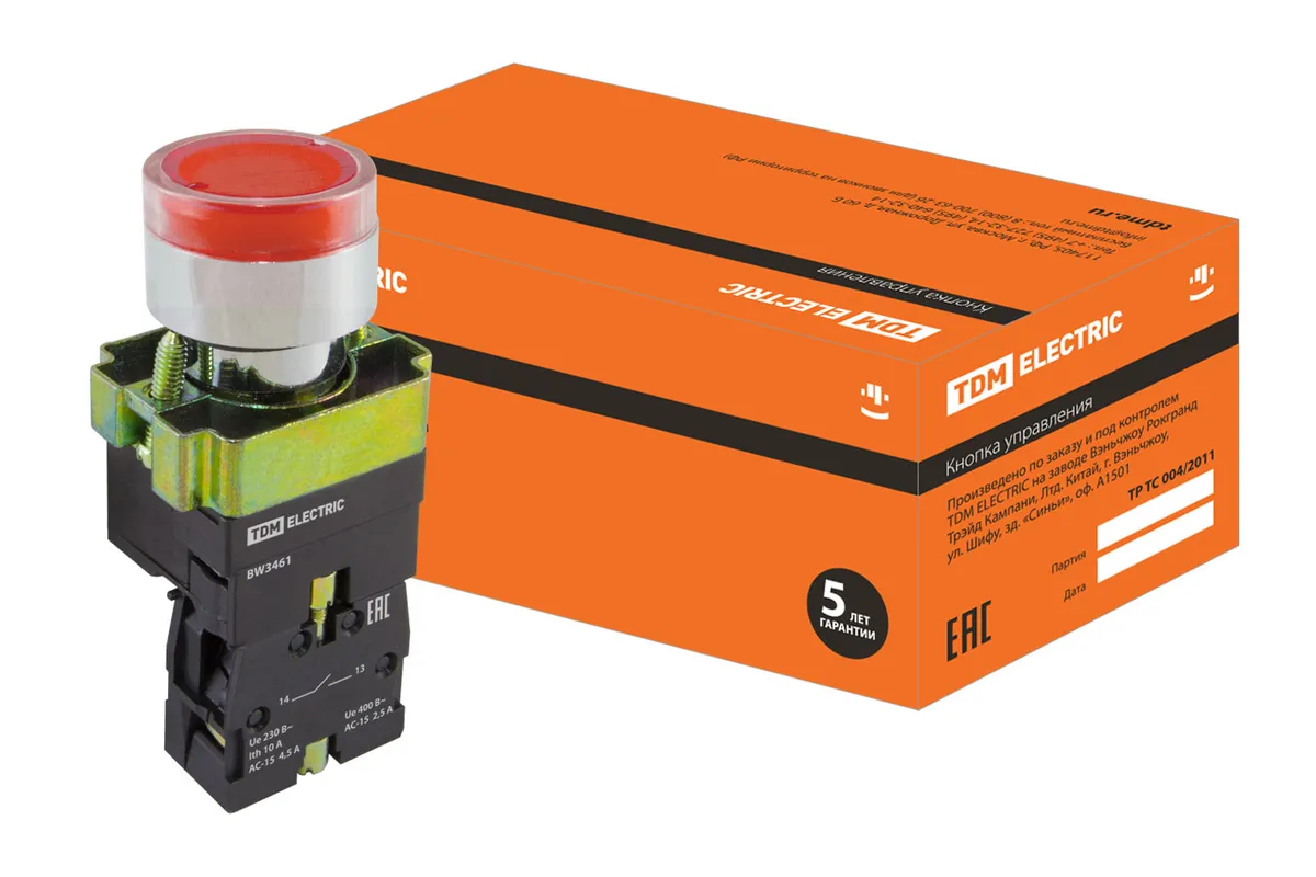 Кнопка SB2-BW3461 с возвратом, 1НО, d22 мм, 230 В LED, красная, IP40 TDM SQ0704-0055