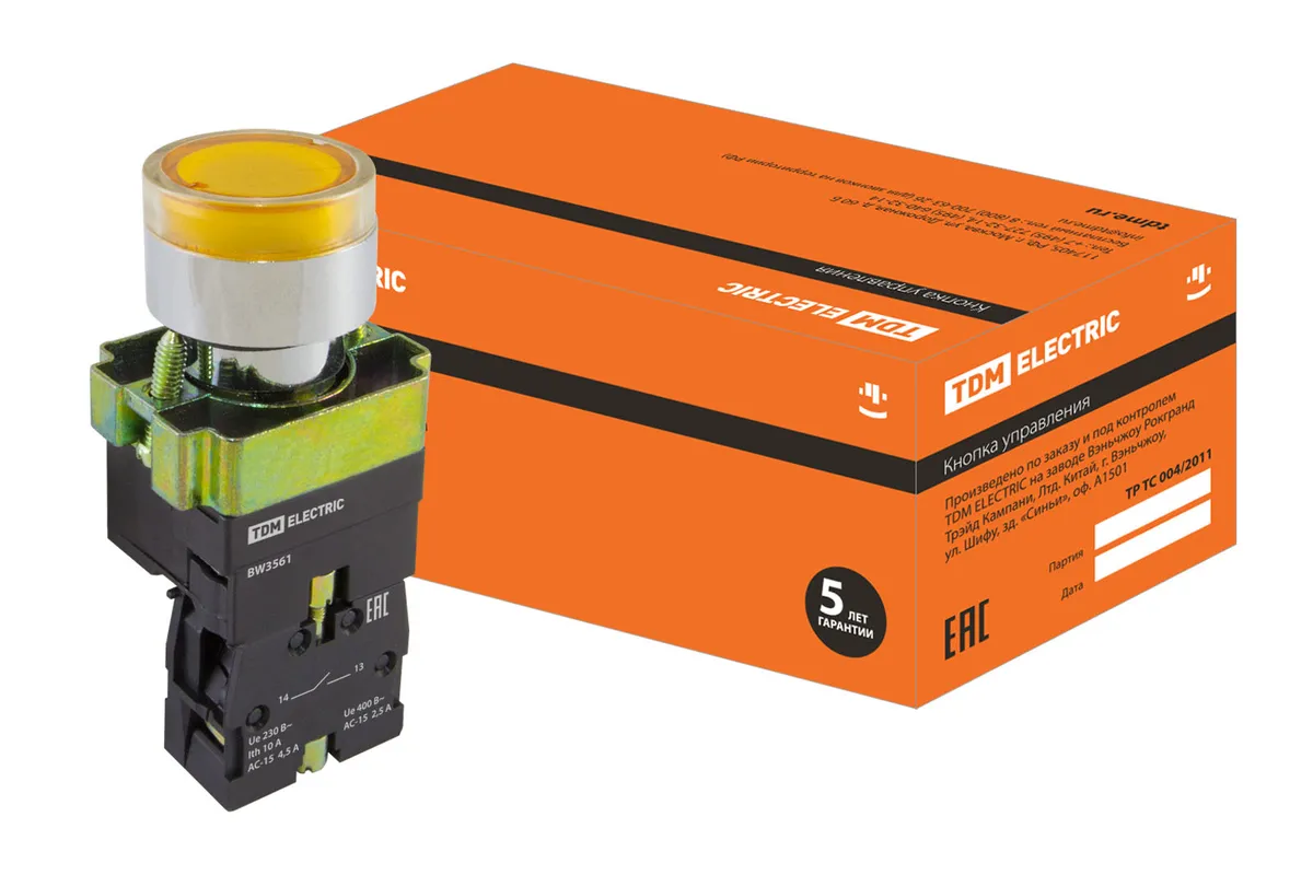 Кнопка SB2-BW3561 с возвратом, 1НО, d22 мм, 230 В LED, желтая, IP40 TDM SQ0704-0056