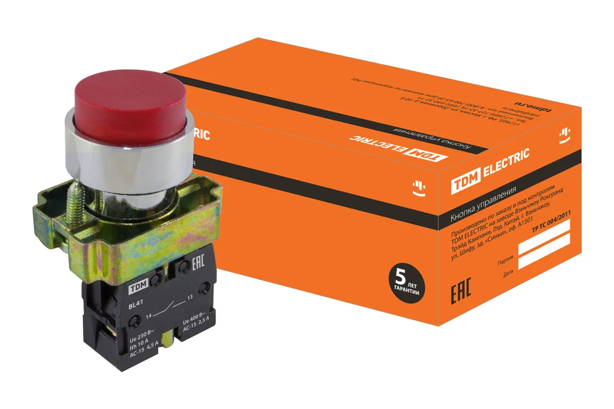 Кнопка SB2-BL41 с возвратом, 1НО, d22 мм, красная, IP40 TDM SQ0704-0060