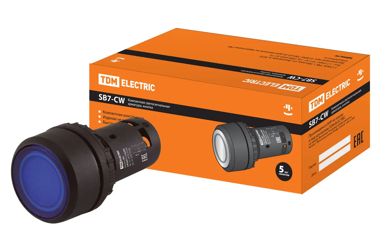 Кнопка SB7-CW3661 с возвратом, 1НО, d22 мм, 24 В LED, синяя, IP54 TDM SQ0746-0032