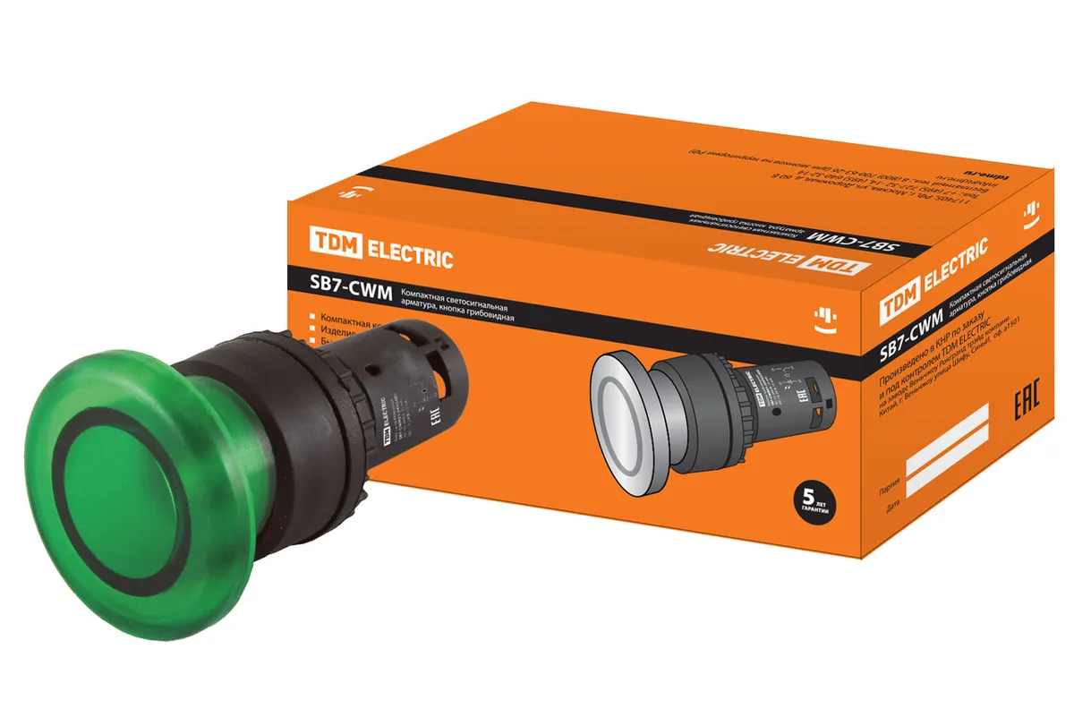 Кнопка грибовидная SB7-CWM31 с возвратом, 1НО, 24 В LED, d35 мм, зеленая, IP40 TDM SQ0746-0050