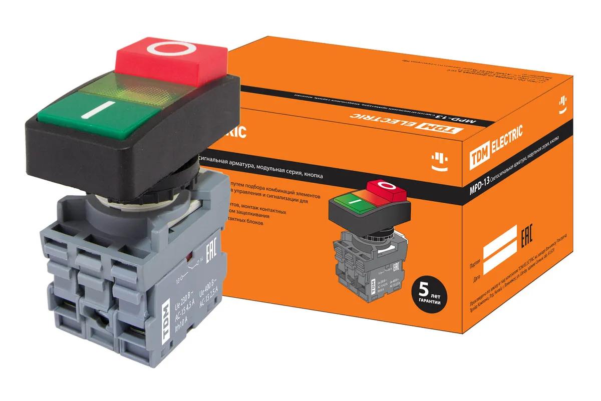 Кнопка двойная MPD13-11G (зеленая/красная-выступающая) (LED) d22мм/220В (I/O) линза зеленая TDM SQ0747-0036