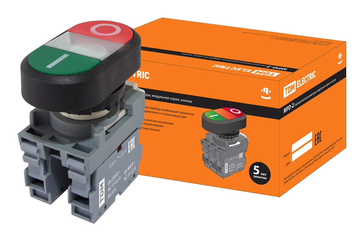 Кнопка двойная MPD2-11С (зеленая/красная) (LED) в сборе d22мм/220В (I/O) линза прозрачная TDM SQ0747-0049