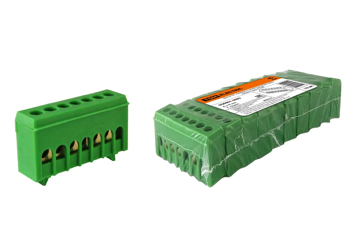 Шина "N" нулевая в зеленом изоляторе на DIN-рейку 6x9мм 7 групп TDM SQ0801-0082