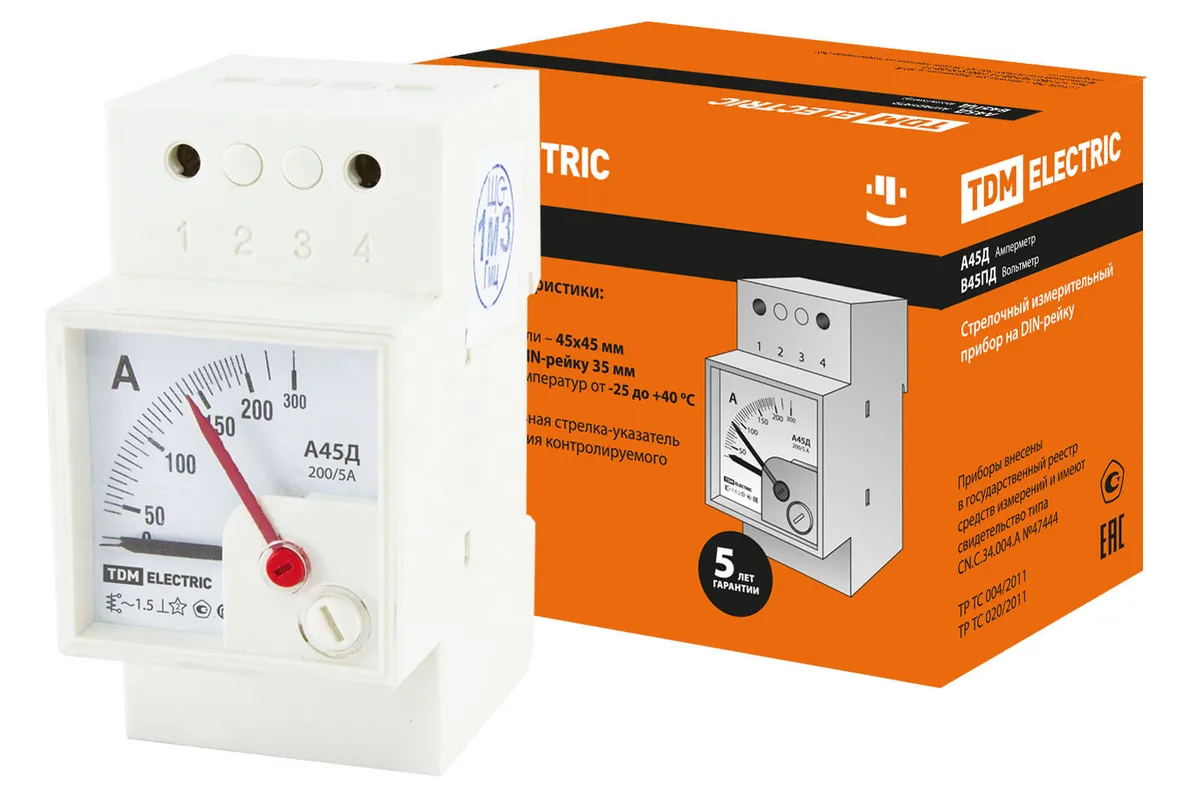Амперметр А45Д  200/5А-1,5 (DIN-рейка) TDM SQ1102-0302