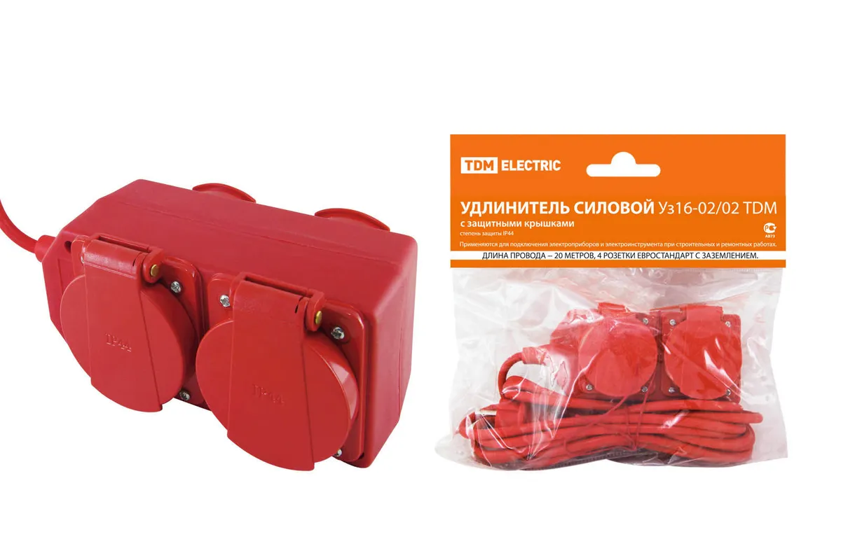 Удлинитель силовой Уз16-02/02 TDM (с крышками IP44, 4 места/20м ПВС 3х1,0) SQ1302-0014