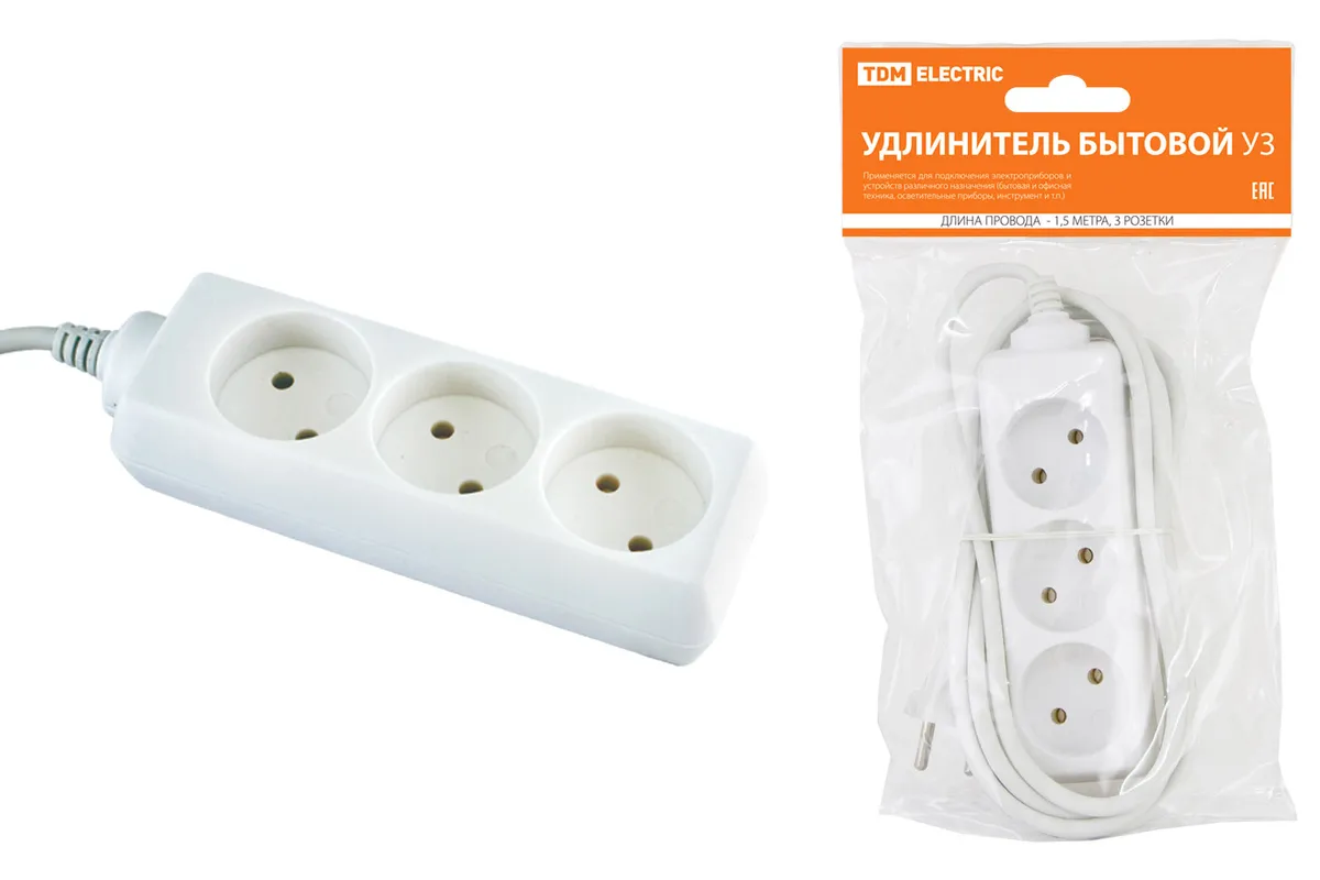 Удлинитель бытовой  У3  3 гнезда, 1,5метра, без заземления, ПВС 2х0,75 мм2  10А/250В TDM SQ1303-0200